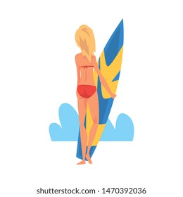 Girl Surfer Character Standing with Surfboard, Recreational Beach Water Sport, Young Woman Enjoying Summer Vacation Vector Illustration