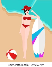 Girl surfer getting ready at the seashore with the surfboard