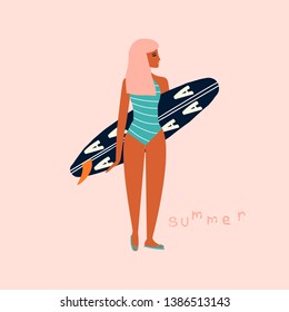 Girl surfer holding a surfboard. Summer tropical print or poster. Vector hand drawn illustration.