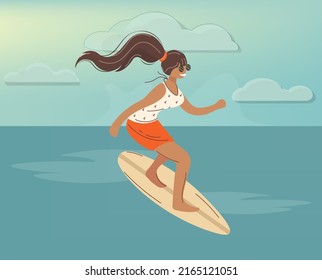 Girl surfer on the sea is surfing. Surfing woman in the sea ocean. A surfer in a swimsuit stands on a surfboard, on the beach and in a summer atmosphere. Tropical, sports, recreation, holidays. Vector