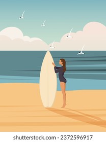 Girl surfer on the seashore with a surfboard against the backdrop of a seascape. Outdoor activities concept, poster, vector