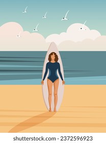 Girl surfer on the seashore with a surfboard against the backdrop of a seascape. Outdoor activities concept, poster, vector