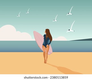 Girl surfer on the seashore with a surfboard on the seashore. Sports and recreation. Illustration, vector