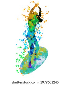 Girl surfer on a surfboard. Colourful digital splash and blobs texture. Hand drawn sketch. Vector illustration.