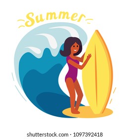 Girl surfer rides the waves. Vector concept design of a summer holidays by the ocean.