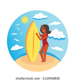 Girl surfer rides the waves. Vector concept design of a summer holidays by the ocean.