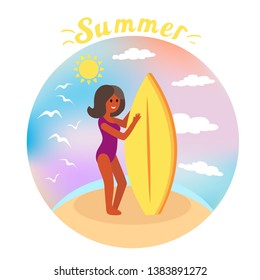 Girl surfer rides the waves. Vector concept design of a summer holidays by the ocean.