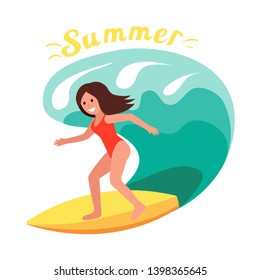 Girl surfer rides the waves. Vector concept design of a summer holidays by the ocean.