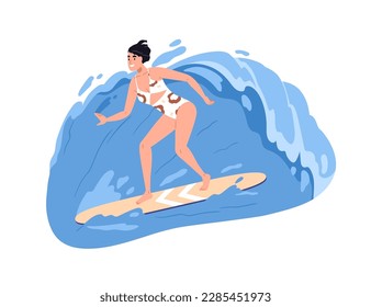 Girl surfer riding surf board, catching wave. Happy active woman on surfboard in ocean splash on summer holiday, vacation. Extreme water sport. Flat vector illustration isolated on white background