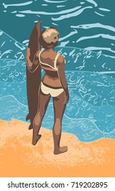 Girl surfer with the surfboard illustration in vector. Summer beach. Top view