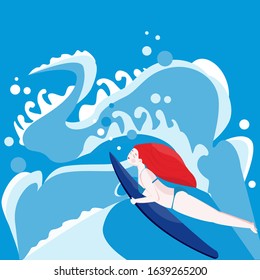 Сute girl surfer swim on a board under wave, under water. Wave, sea foam, surfer board. Vector. Print or Poster Design for Summer production, Card, clothes, web sites, printed materials, textile.