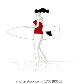 Girl surfer in a swimsuit. Woman with a surfboard. Summer theme. The shore of the sea or ocean. Sports and recreation. Hand drawn illustration. Isolated on a white background. Can be used for web
