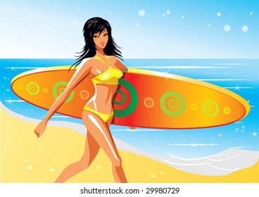 Girl surfer walking on the beach