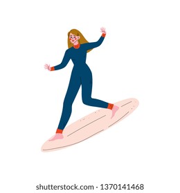 Girl Surfer in Wetsuit Riding Surfboard Catching Wave, Young Woman Enjoying Summer Vacation, Recreational Water Sport Vector Illustratio