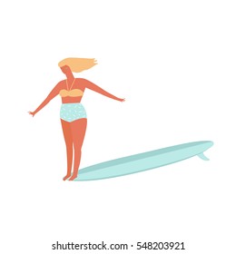 Girl surfers in bikini vector illustration. Flat style illustration. Summer beach illustration. Longboard women surfing.