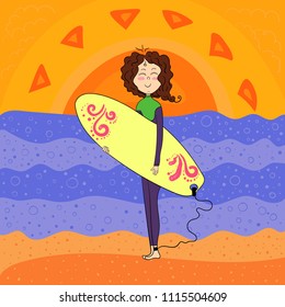 Girl with surffing board.Vector illustration.