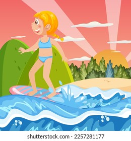 A girl surfing at the beach background illustration