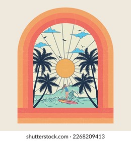 Mädchen surfen am Strand. Summer vibes tropisches Grafikdesign. Rektor, Vektorpalme, Sonnenuntergang, Sonnenaufgang, Surfbrett, Vektorgrafik-Design.