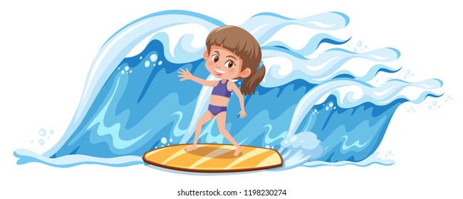 A girl surfing the big wave illustration