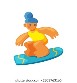 Girl surfing. Cartoon hand drawn surfer character of standing on board. Illustration isolated on white background. Vector