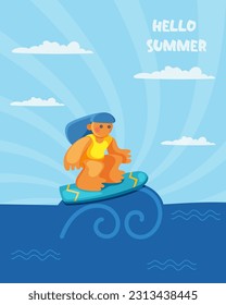 Girl surfing,  Hello summer illustration.  Cartoon hand drawn surfer character of standing on board. Vector