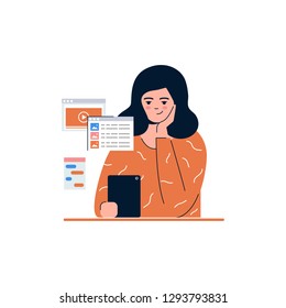 Girl is surfing the Internet via tablet vector illustration