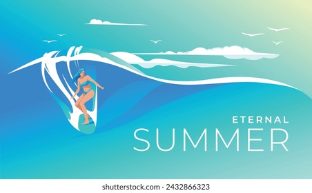 A girl is surfing on a blue wave. Traditional summer vacation by the sea. Blue daytime sky. Travel and leisure advertising horizontal banner. Vector illustration
