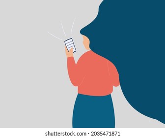 Girl surfing on the internet on her mobile. Young woman reads the news on her smartphone. Concept of communication via the phone,  fear of missing out, social media addiction. Vector illustration.