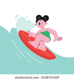 Girl Surfing on a Red Surfboard. 
Fun summer leisure water sports.