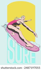 A girl is surfing on a surfboard. Vector illustration.