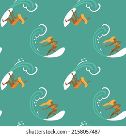 The girl surfing on waves in ocean. Summer vacation. Seamless pattern for fabric, wrapping, textile, wallpaper, apparel. Vector.