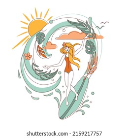 The girl surfing on waves in ocean.  Exotic beach. Summer print. Vector illustration.