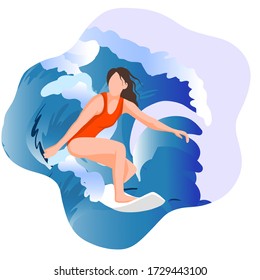 Girl surfing in the sea or ocean on a white background. Colorful flat cartoon vector illustration. Perfect for banner or poster