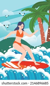 Girl surfing in swimsuit in summer, vector illustration