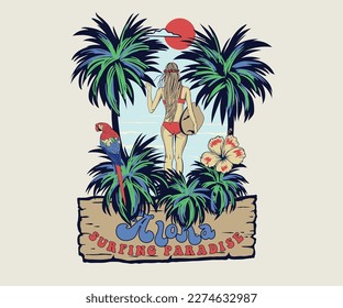 girl surfing in tropical beach, palm beach design with typography, summer surfing print design for women, tropical beach elements vector, aloha hawaii surfing paradise illustration