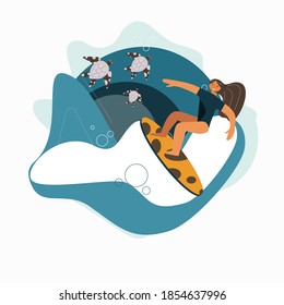 girl surfing with turtles on wawes