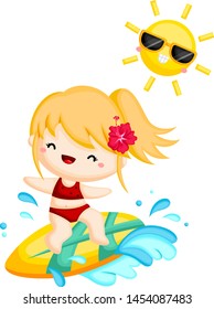 a girl surfing the wave on a sunny day