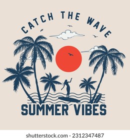 girl surfing at waves. catch the wave. summer Beach Waves with Palm trees vector illustration for t-shirt prints, posters. Summer Beach surfing Vector illustration.