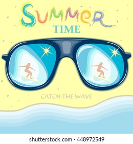 Girl surf-the reflection in the sunglasses.Vector illustration-holidays in the summer.