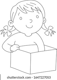 A girl with a surprise box, a girl pulling something out of the box, a child who is having fun - coloring page
