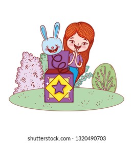 girl with surprise box and rabbit head in the landscape