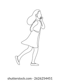 A girl is surprised in continuous line drawing style. Black linear sketch isolated on white background. Vector illustration