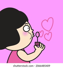 Girl With Surprised Face Blowing Soap Bubbles In A Heart Shape Concept Card Character illustration