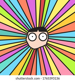 Girl With Surprised Face And Colorful Abstract Sun Beam Ray Sunburst Background Loop Concept Card Character illustration