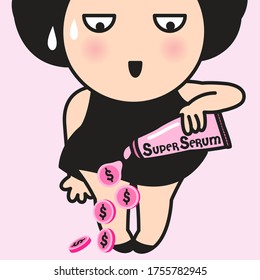 Girl With Surprised Face While Squeezing Serum Hand Treatments That Turn Into A Coin. Woman Spending A Decent Amount Of Cash On Beauty Products Concept Card Character illustration