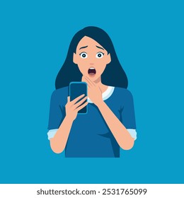 
Girl surprised at her smartphone flat vector illustration