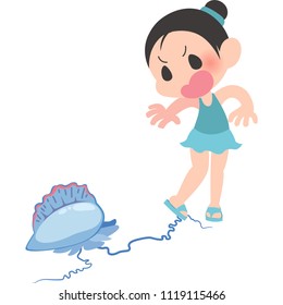 girl surprised Physalia