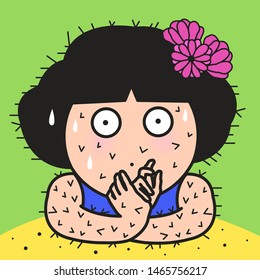 Girl Is Surprised Turning Into A Desert Plant Pricky Cactus In Hot Temperatures And Dehydration. Funny Life In A Climate Warm Concept Card Character Illustration