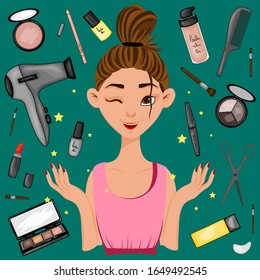 Girl surrounded by beauty items. Cartoon style. Vector illustration