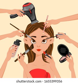 Girl surrounded by beauty items. Cartoon style. Vector illustration